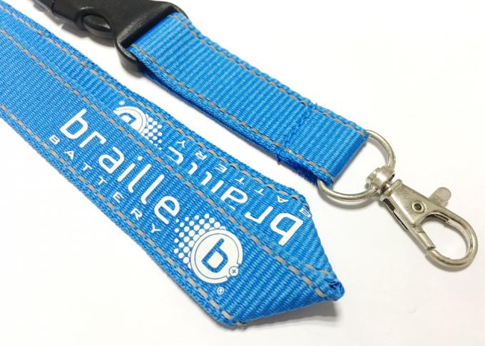 Polyester Blue Reflective Personalised Lanyards White Logo Safety Buckle Metal Hook