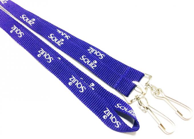 Durable Purple Custom Polyester Lanyards Double J Hooks White Print For ID Card