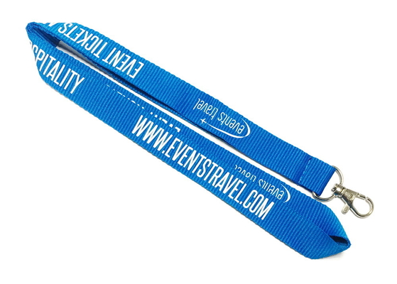 cheap Blue Custom Polyester Lanyard Name Badge Lanyard White Logo Metal Hook For Event