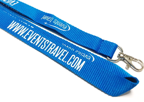 cheap Blue Custom Polyester Lanyard Name Badge Lanyard White Logo Metal Hook For Event