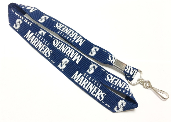 Dark Blue Custom Flat Polyester Lanyard With Logo Crimp Swivel J Hook One Side supplier