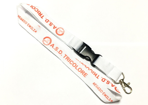 Shiny Logo Custom Flat Polyester Lanyard With White Safety Buckle Metal Hook supplier