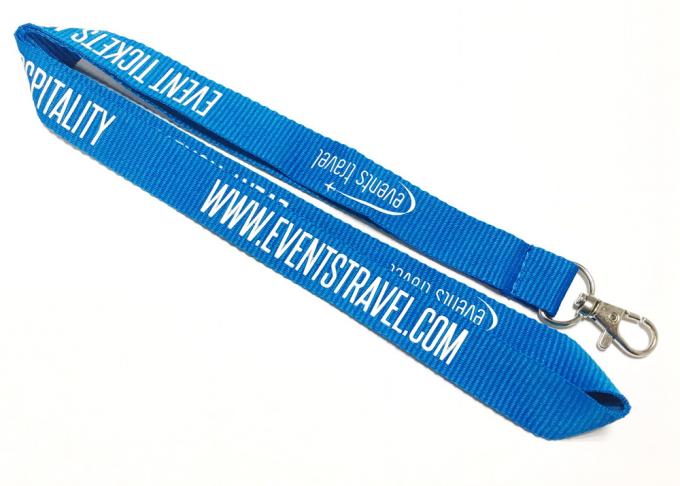 Blue Custom Polyester Lanyard Name Badge Lanyard White Logo Metal Hook For Event