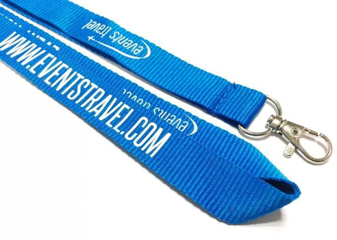 Blue Custom Polyester Lanyard Name Badge Lanyard White Logo Metal Hook For Event