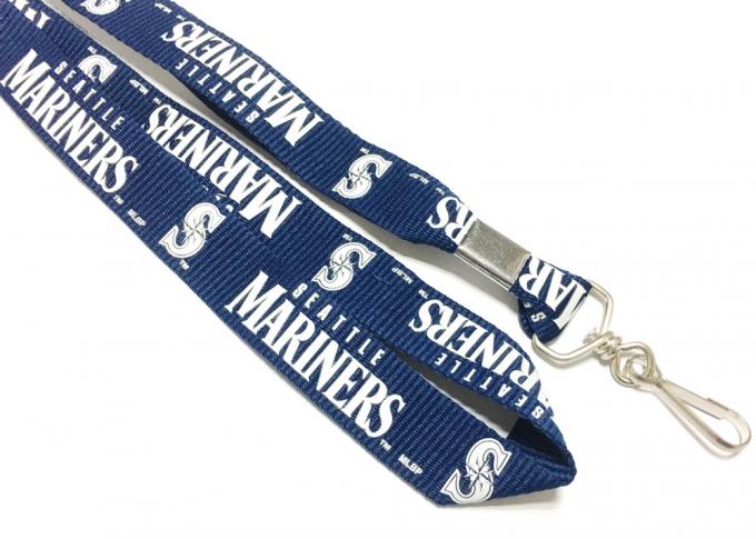 Dark Blue Custom Flat Polyester Lanyard With Logo Crimp Swivel J Hook One Side