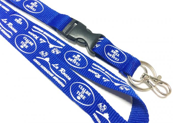 White Print Custom Polyester Lanyards One Side Safety Buckle Metal Hook Key Ring