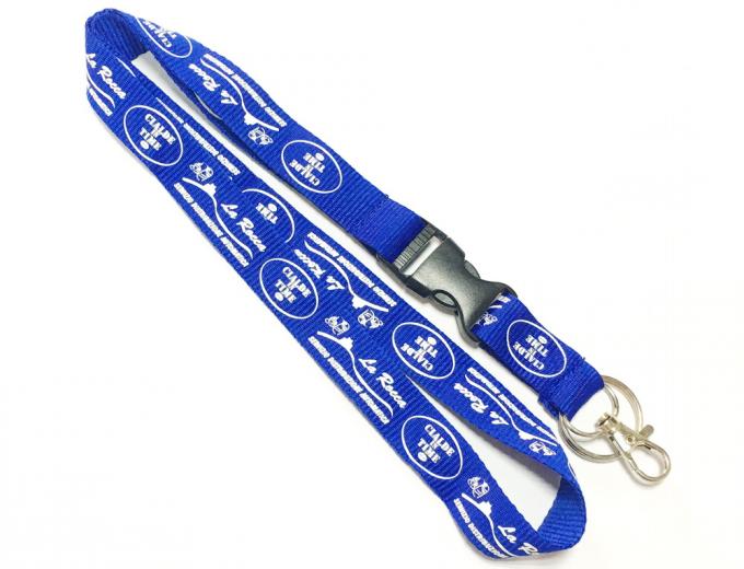 White Print Custom Polyester Lanyards One Side Safety Buckle Metal Hook Key Ring