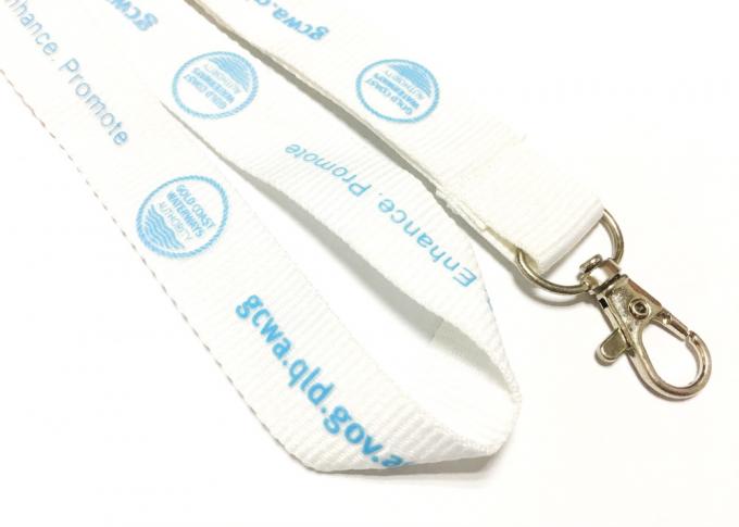 White Webbing Neck Strap Lanyard with Light Blue Printing Metal Hook 20mm Wide