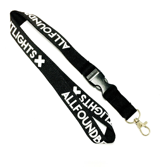 Plain Black Lanyards With Metal Hook , White Logo Id Card Neck Strap With Plastic Buckle